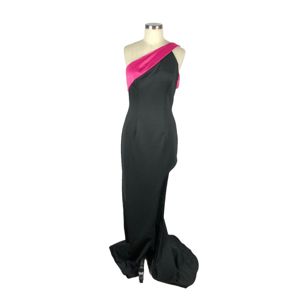 MAC DUGGAL Long Black Pink Bow Maxi Gown Dress Size 6 Statement Bow Formal